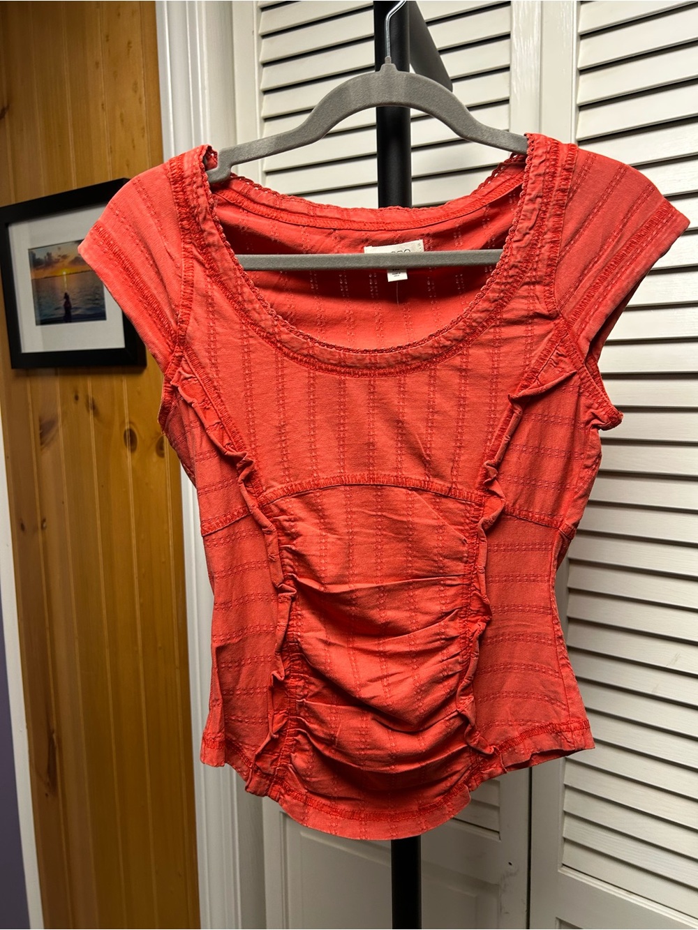 White Ruffle Trim Cap-Sleeve Top in coral
